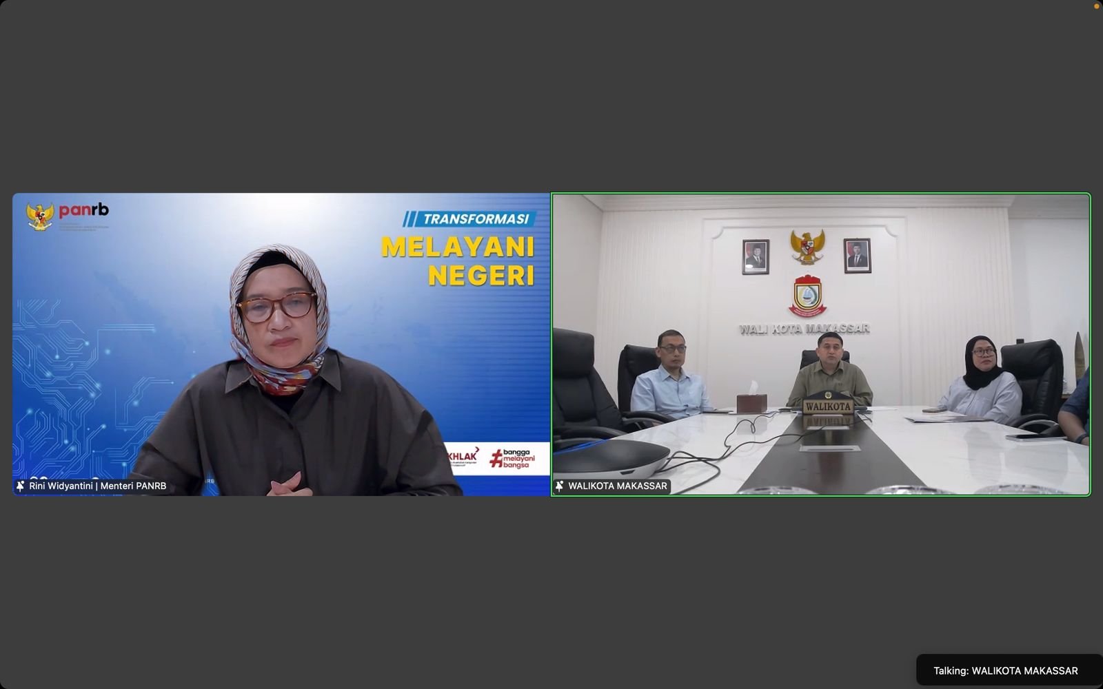 Menteri Rini dalam Rapat Koordinasi secara daring bersama Pemkot Makassar, Badan Kepegawaian Negara (BKN), Kementerian Dalam Negeri, Pemprov Sulsel, dan PT Taspen, Sabtu (30/8). Foto: dok.Kementerian PANRB