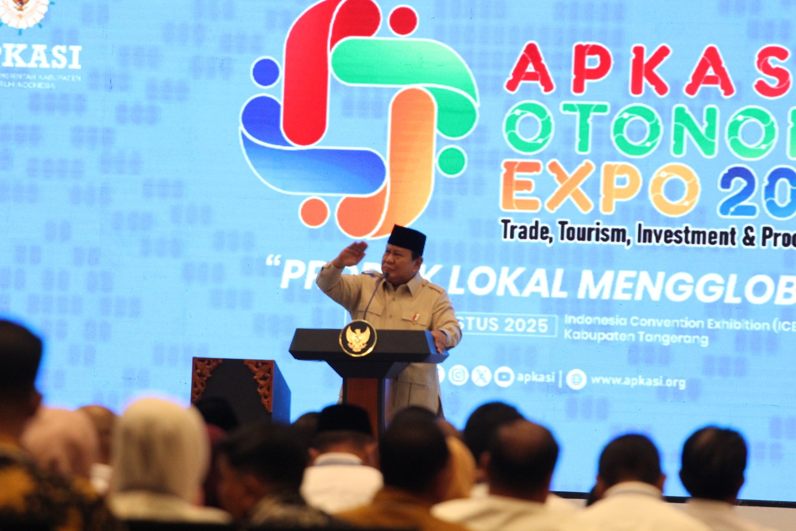 Presiden Prabowo saat memberikan sambutan di Apkasi Otonomi Expo 2025, Kamis (28/8)/Foto : GPriority (Rizky Dimuharram)