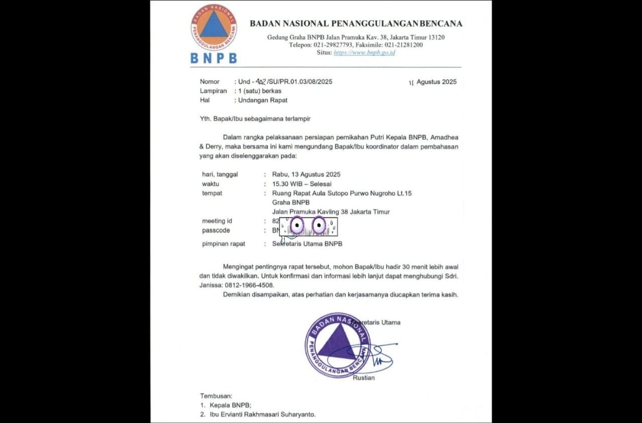 Surat undangan persiapan pernikahan anak Kepala BNPB, Suharyanto/Foto : Dok akun X @blank0429