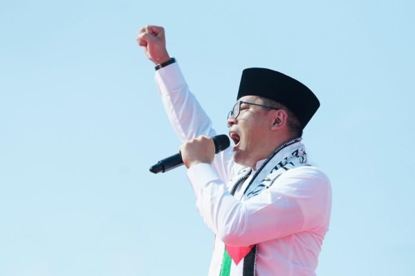 Menlu Sugiono saat melakukan orasi di Monumen Nasional (Monas) pada Senin (3/8) lalu/Foto : Dok. Kemlu RI