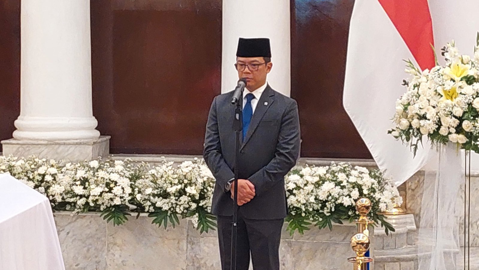 Menlu Sugiono saat memberikan sambutan dalam agenda penghormatan terakhir kepada almarhum Zetro Leonardo Purba/Foto : GPriority (Nindya Farhah Azzahrah)