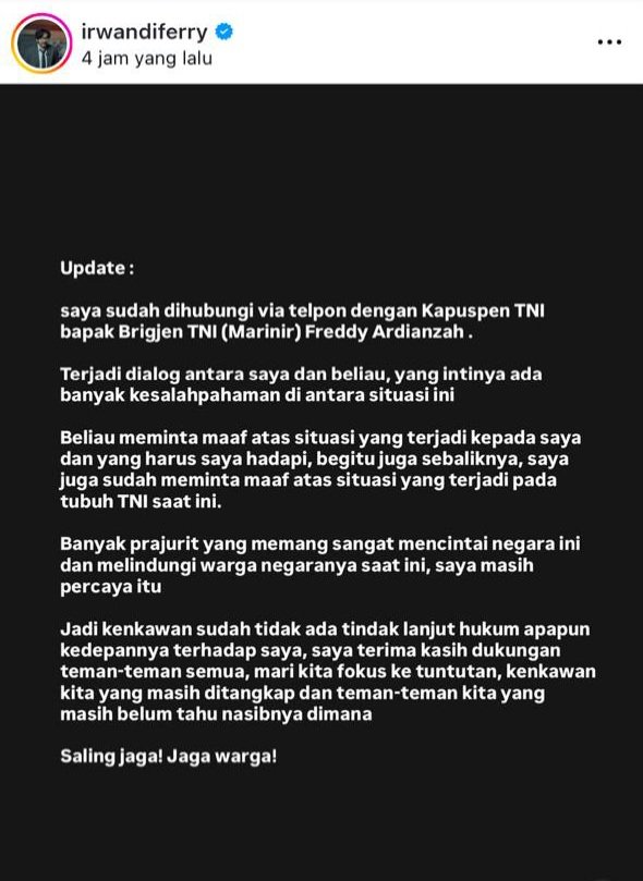 Update kasus Ferry Irwandi dengan institusi TNI/Foto Instagram @irwandiferry