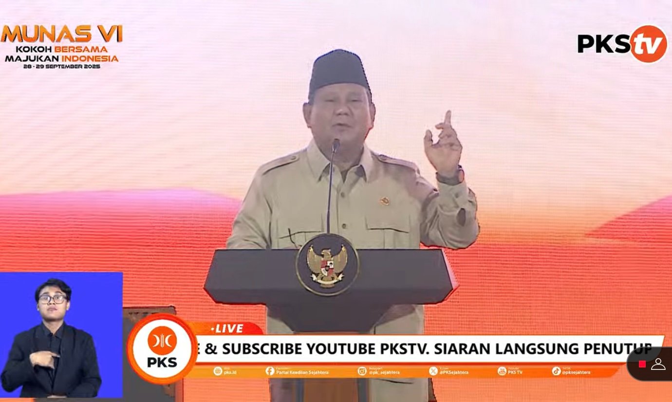 Presiden Prabowo Subianto sampaikan pidato di Munas VI PKS/Foto YouTube PKS TV