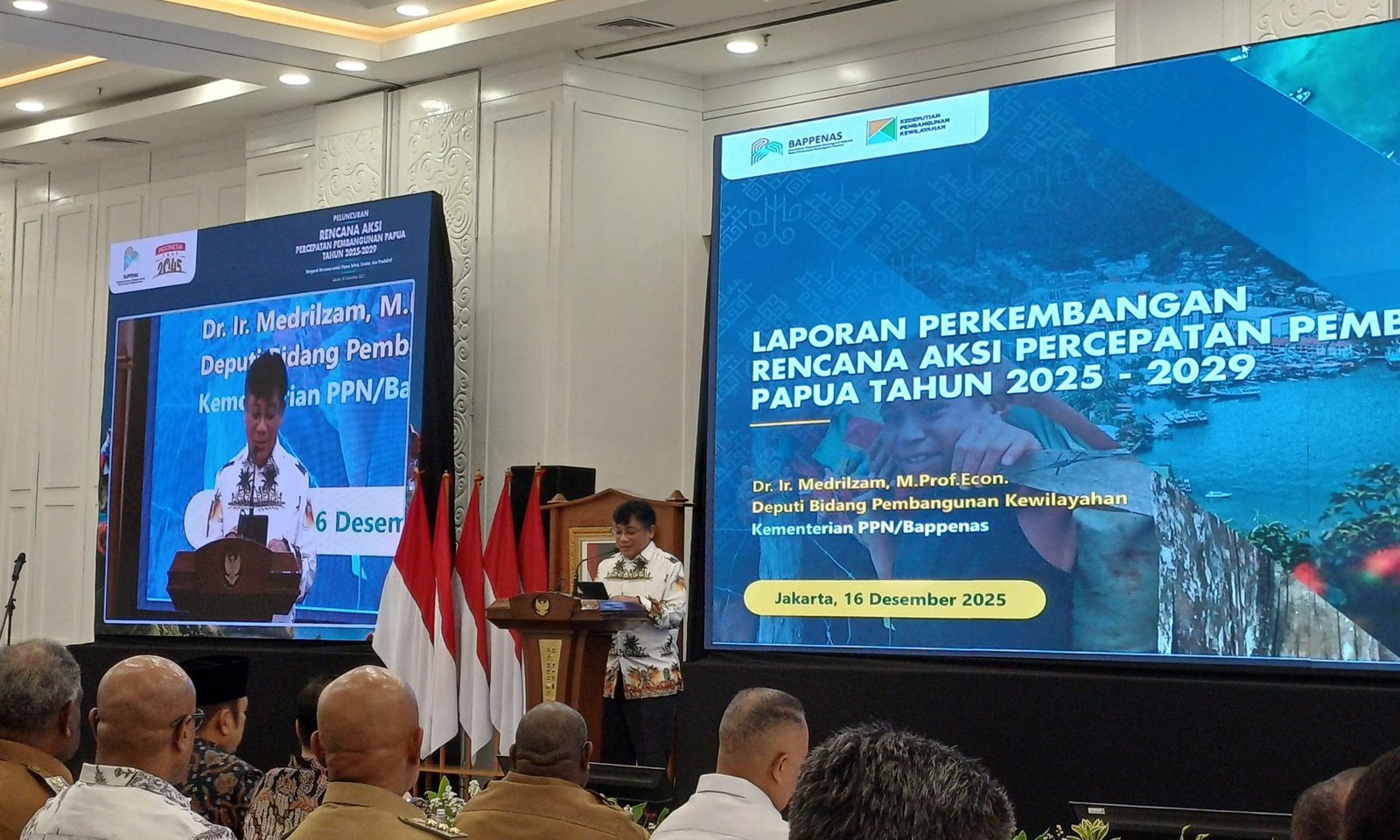 Deputi Bidang Pembangunan Kewilayahan PPN/Bappenas, Medrilzam dalam peluncuran Rencana Aksi Percepatan Pembangunan Papua (RAPPP) 2025–2029 di Kantor Bappenas, Jakarta, Selasa (16/12). Foto: GPriority/Dimas A Putra