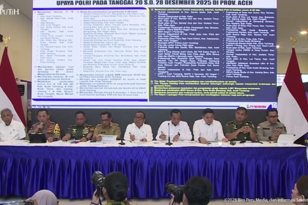 Para menteri dan pejabat terkait menyampaikan keterangannya dalam konferensi pers yang digelar di Posko Terpadu Pangkalan TNI AU Halim Perdanakusuma, Jakarta, Senin (29/12). Foto: tangkapan layar Youtube/sekertariatpresiden