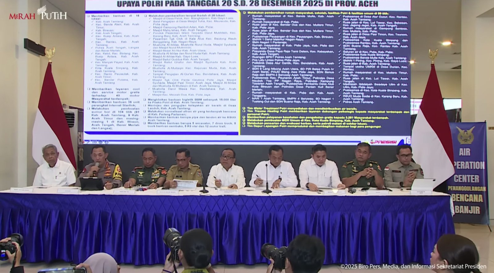 Para menteri dan pejabat terkait menyampaikan keterangannya dalam konferensi pers yang digelar di Posko Terpadu Pangkalan TNI AU Halim Perdanakusuma, Jakarta, Senin (29/12). Foto: tangkapan layar Youtube/sekertariatpresiden