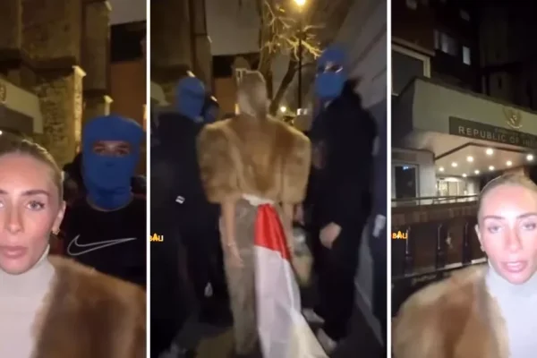 Bonnie Blue terlihat menghina bendera Indonesia dengan menyelipkan di bagian belakang roknya saat mengunjungi KBRI di London, Inggris/Foto : Tangkapan Layar