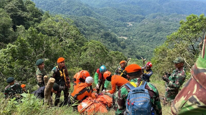 Proses evakuasi korban kecelakaan pesawat ATR 42-500 yang jatuh di kawasan Gunung Bulusaraung, Kabupaten Pangkep, Sulawesi Selatan. Foto: istimewa