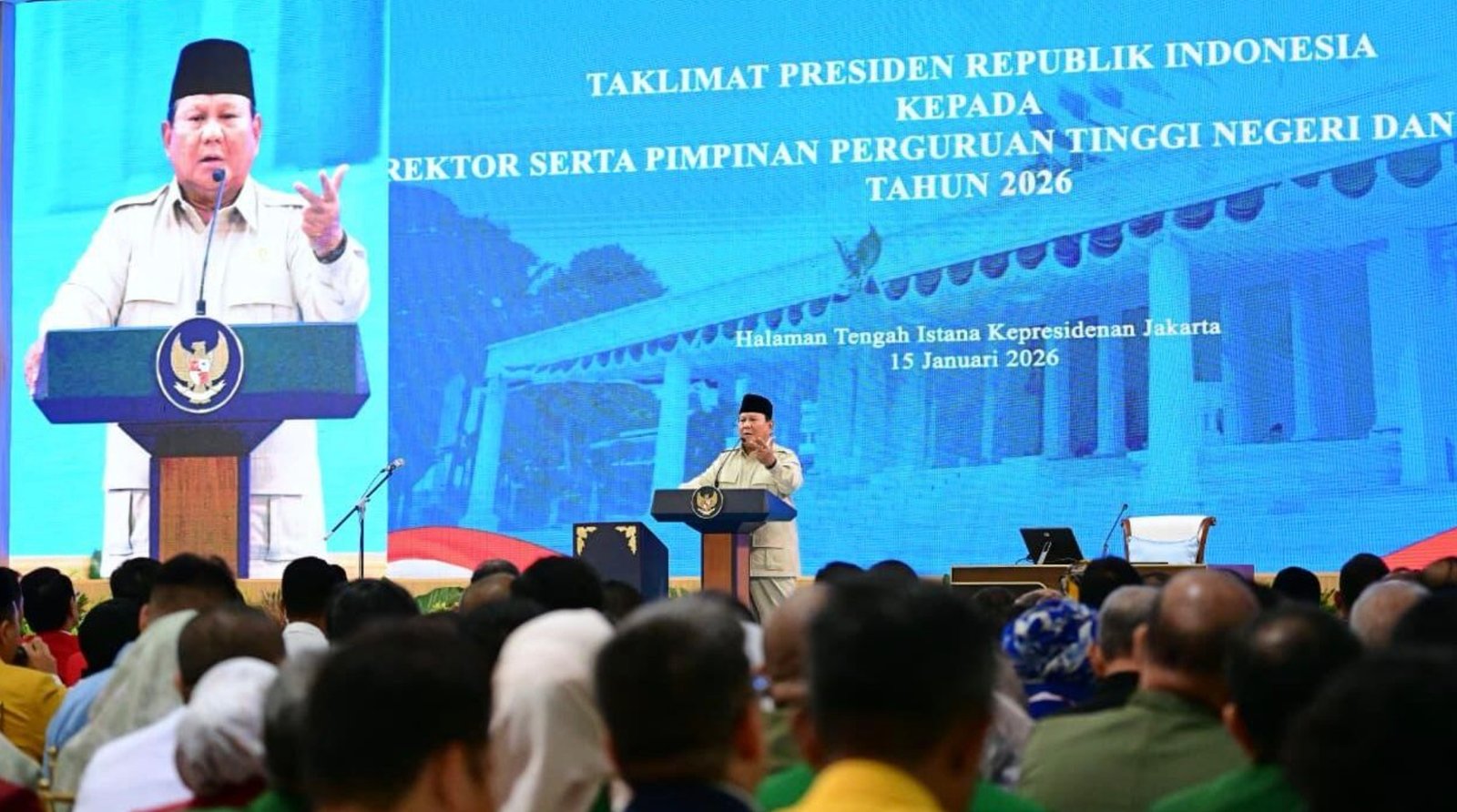 Presiden Prabowo Subianto dalam audiensi dengan para pimpinan perguruan tinggi di Indonesia di Istana Negara, Kamis (15/1). Foto: BPMI Setpres