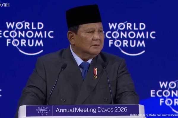 Presiden Prabowo Subianto saat berpidato dalam World Economic Forum (WEF) 2026 di Davos, Swiss, Kamis (22/1). Foto: Tangkapan layar Youtube Sekertariat Presiden