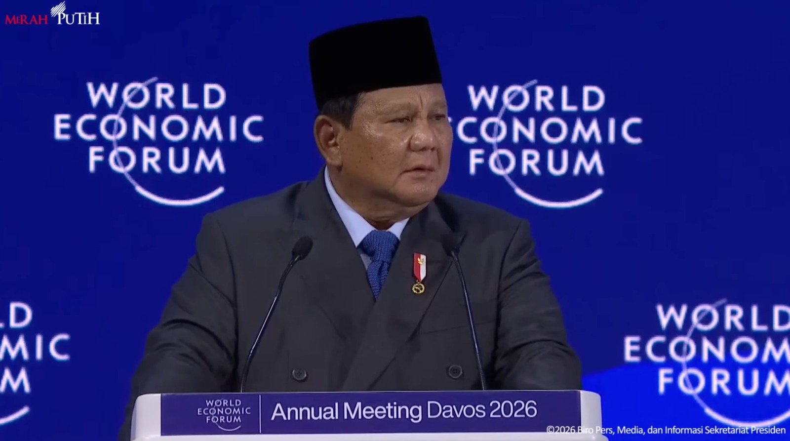 Presiden Prabowo Subianto saat berpidato dalam World Economic Forum (WEF) 2026 di Davos, Swiss, Kamis (22/1). Foto: Tangkapan layar Youtube Sekertariat Presiden