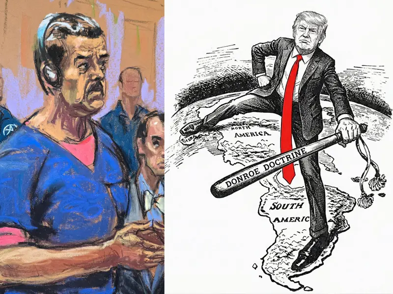 Sketsa Nicolas Maduro di ruang sidang (kiri) dan sketsa kartun Doktrin Donroe Donald Trump (kanan)/Foto : Dok. AFP dan X