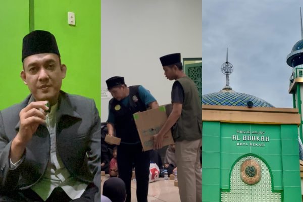 DKM Masjid Al-Barkah Kota Bekasi saat membagikan takjil gratis selama bulan Ramadan untuk para jemaah dan musafir/Foto : Dok. GPriority (Nindya Farhah Azzahrah)