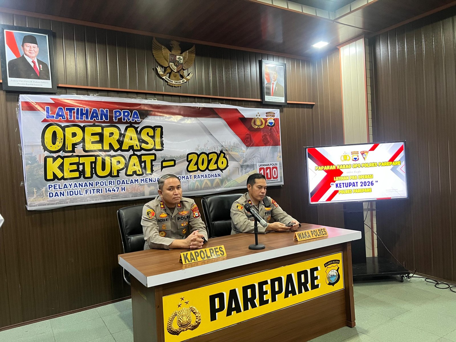 Polres Parepare menggelar Latihan Pra Operasi (Lat Pra Ops) Ketupat 2026 di ruang rapat lantai 2 Polres Parepare, Senin (9/3). Foto: Agustin/GPriority