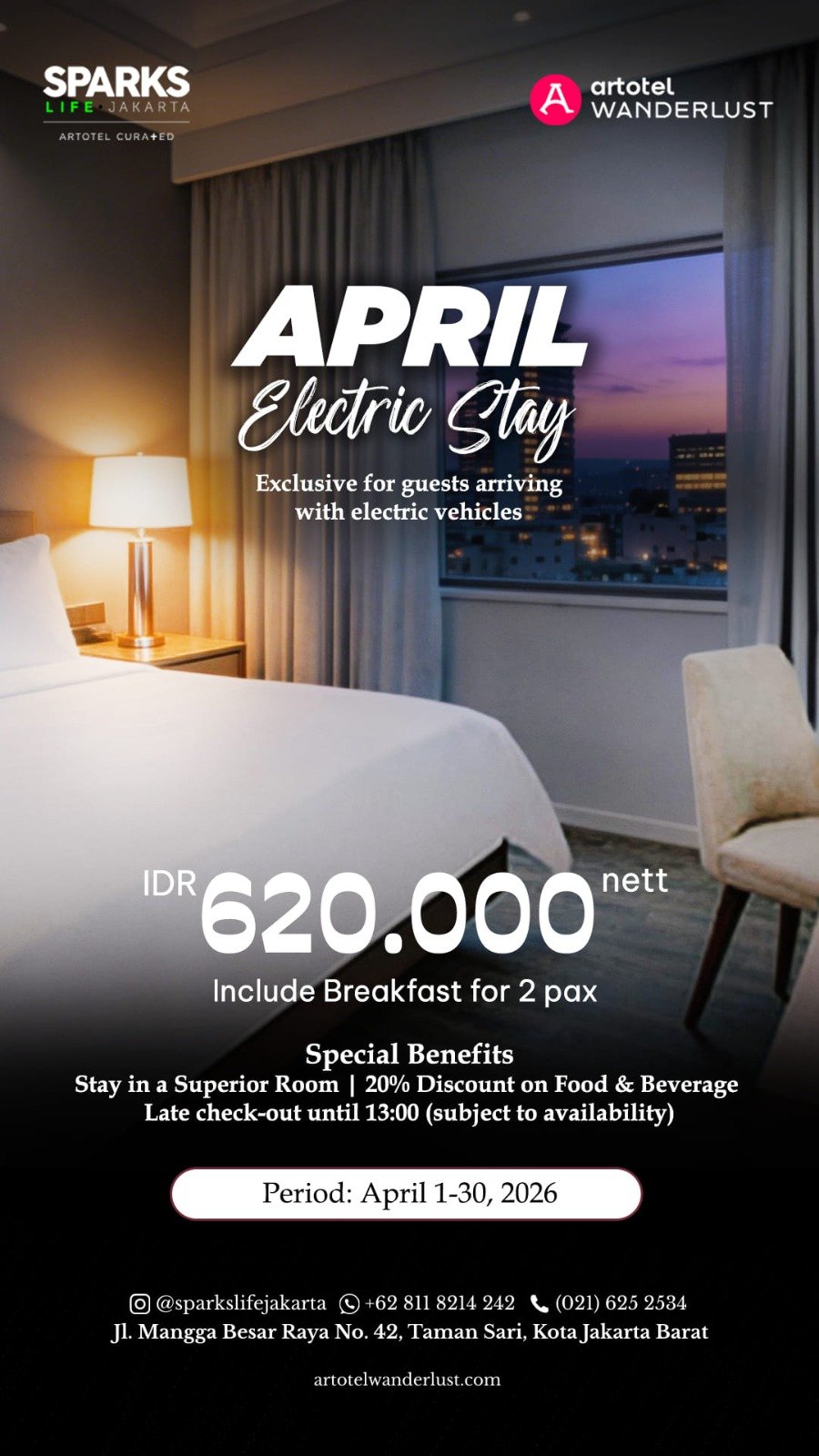 Sparks Life Jakarta menghadirkan promo spesial bertajuk “April Electric Stay” selama April 2026. Foto: istimewa