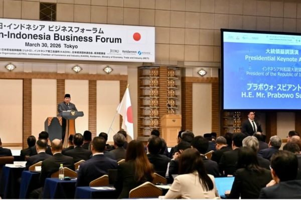 Presiden Prabowo saat memberikan sambutan dalam agenda forum bisnis Indonesia-Jepang pada Senin (30/3) kemarin/Foto : BPMI Setpres RI