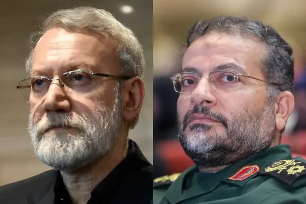 Kepala keamanan Iran Ali Larijani (kiri) dan Gholamreza Soleimani, komandan senior pasukan Basij Iran (kanan)/Foto : Dok. AFP