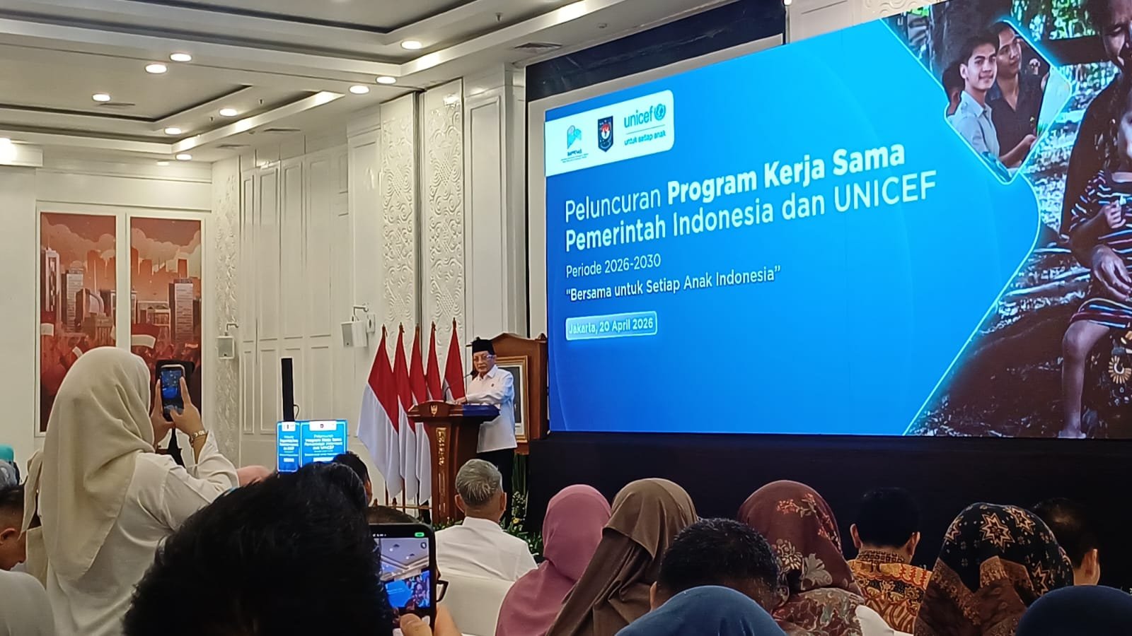Menteri Agama (Menag) Nasaruddin Umar saat Peluncuran Program Kerja Sama Pemerintah Indonesia dan UNICEF periode 2026–2030 di Gedung Badan Perencanaan Pembangunan Nasional (Bappenas), Jakarta, Senin (20/4). Foto: GPriority/Dimas A Putra