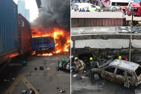 kereta kargo menabrak bus umum, mobil, hingga sepeda motor di perlintasan dekat Stasiun Makkasan pada Sabtu (16/5) sore waktu Thailand/Foto : Dok. Bangkok Post