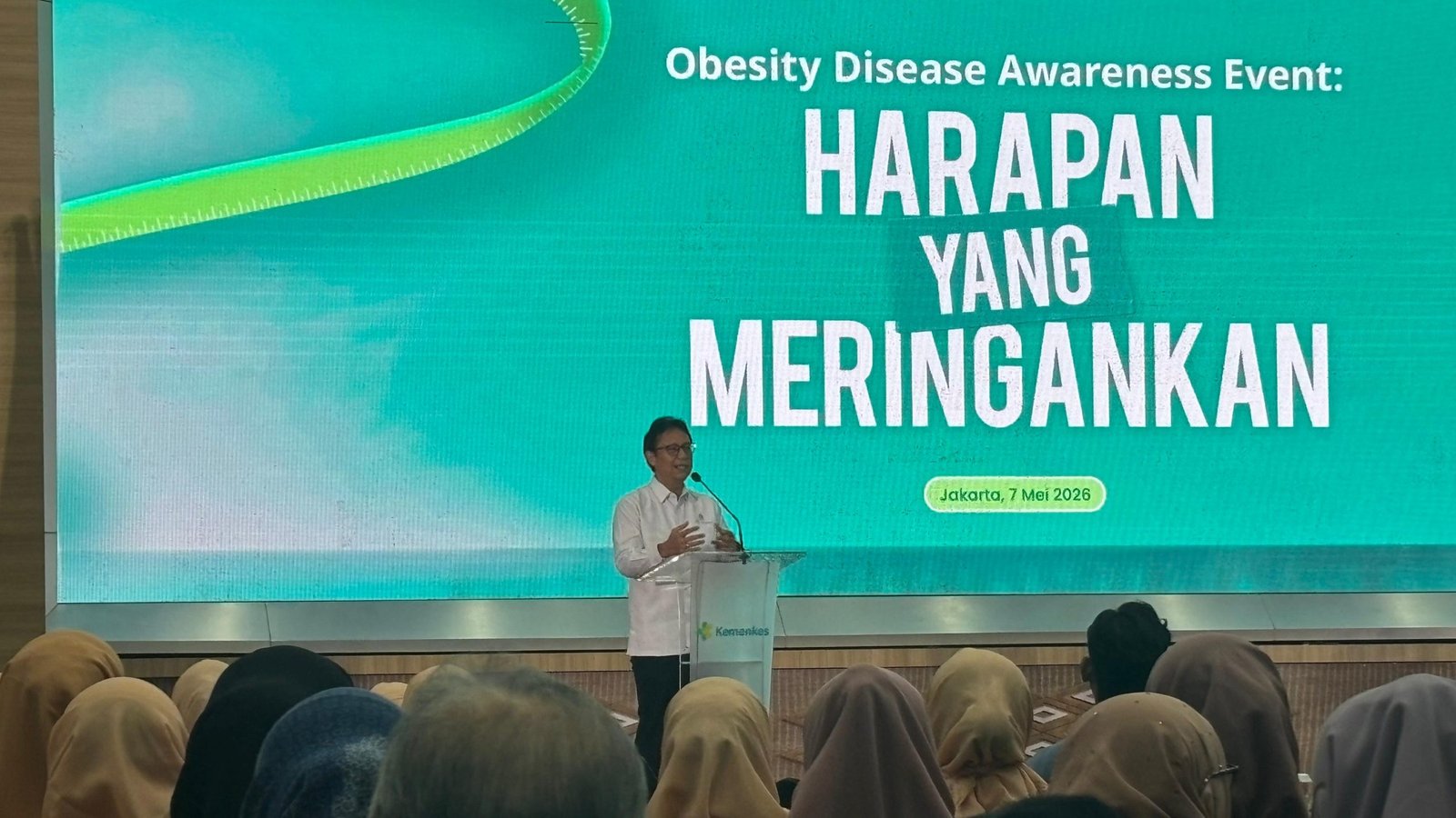 Menkes Budi Gunadi Sadikin saat membuka acara talkshow kampanye pencegahan dan pengendalian obesitas dalam rangka World Obesity Day 2026 yang digelar di Aula Siwabessy, Kementerian Kesehatan, Kamis (7/5)/Foto : Dok. GPriority (Nindya Farhah Azzahrah)
