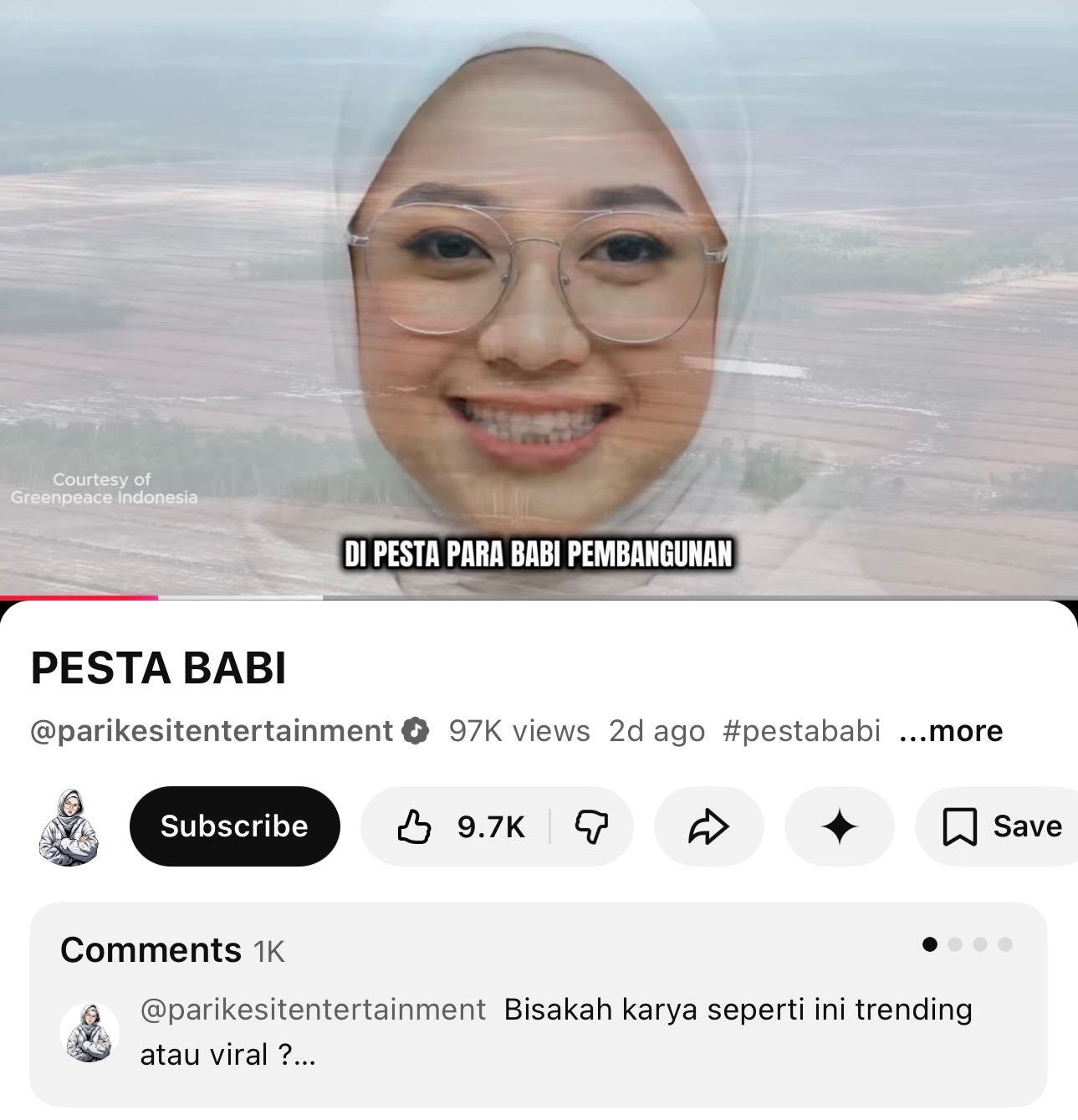 Lagu pesta para babi yang viral di medsos dan disebut menjadi kritik sosial dari rakyat Papua/Foto : Dok. Tangkapan Layar YouTube @parikesitentertainment