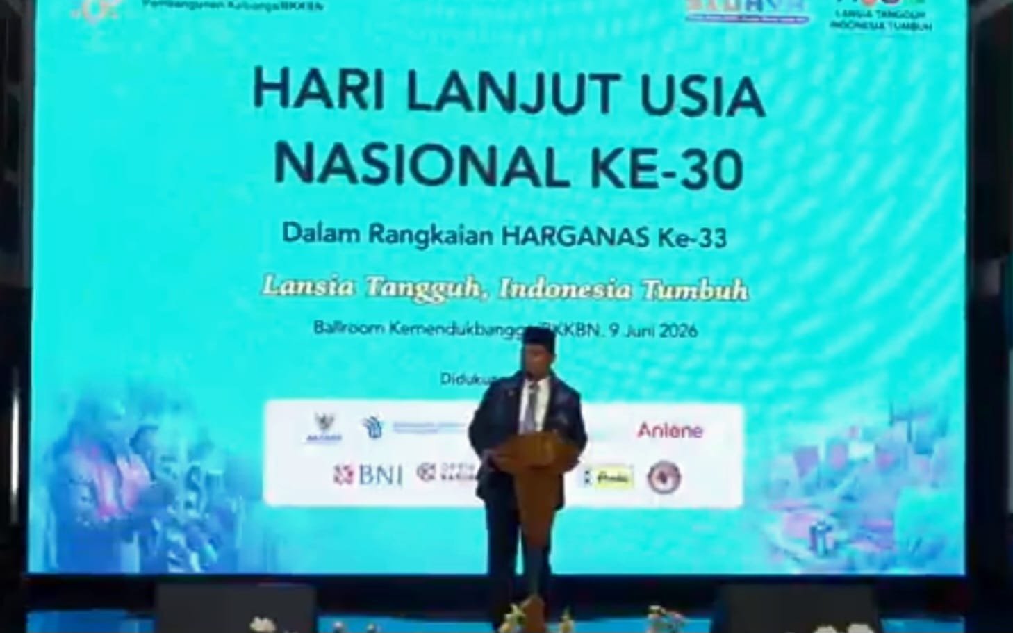 Mendukbangga/BKKBN, Wihaji, saat memberikan sambutan dalam agenda Hari Lanjut Usia Nasional ke-30 sekaligus mensosialisasikan Kartu Lansia Nasional di Auditorium Kemendukbangga/BKKBN, Selasa (9/6)