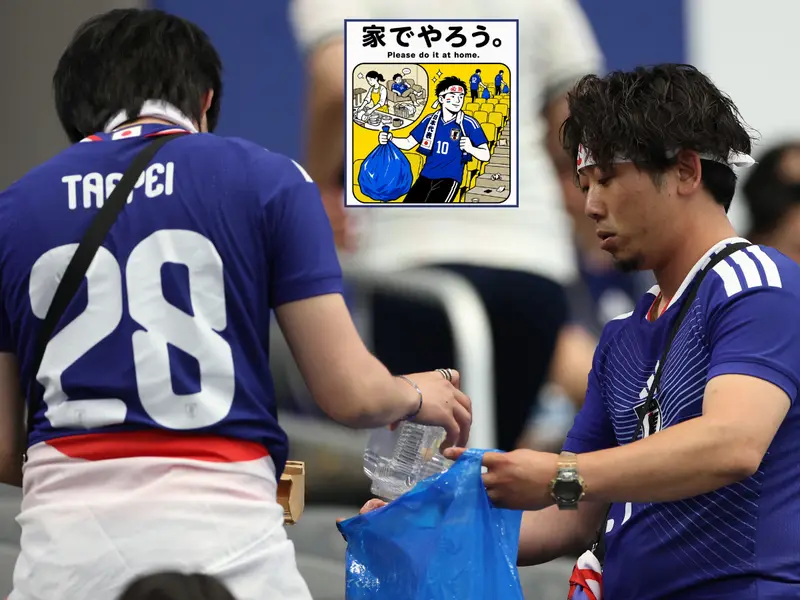 aksi suporter Jepang saat membersihkan sampah usai laga Piala Dunia 2026/Foto : Dok. AFP