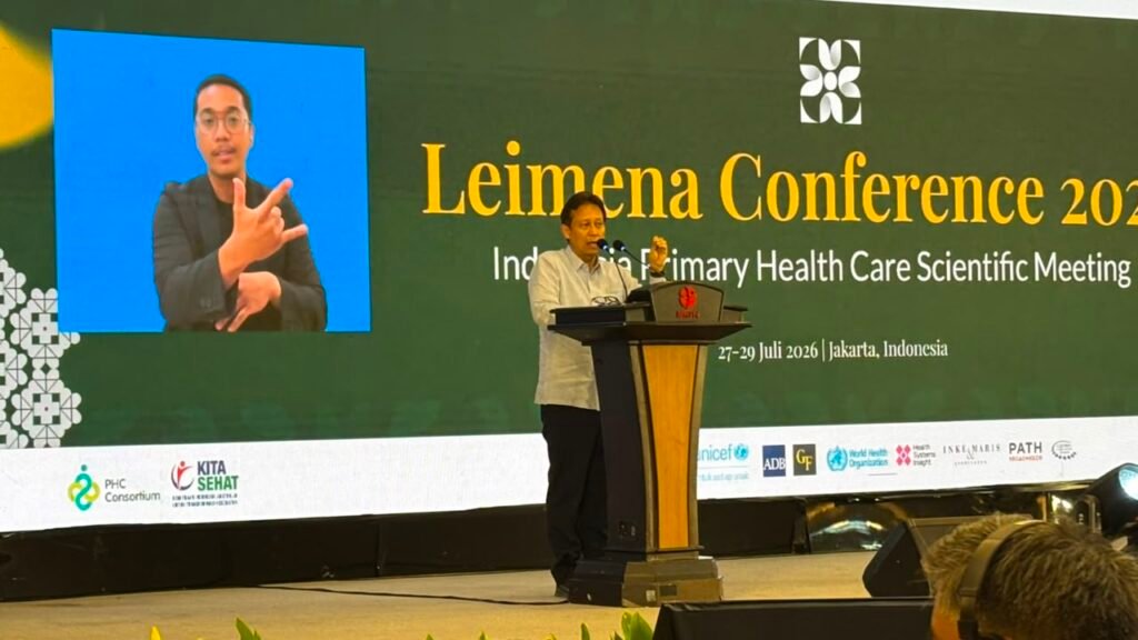 Menkes Budi Gunadi Sadikin saat memberikan sambutan pada Leimena Conference 2026 di Auditorium BRIN Gatot Subroto, Jakarta, Senin (27/7)/Foto : Dok. GPriority (Nindya Farhah Azzahrah)