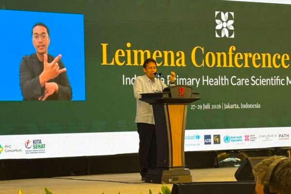 Menkes Budi Gunadi Sadikin saat memberikan sambutan pada Leimena Conference 2026 di Auditorium BRIN Gatot Subroto, Jakarta, Senin (27/7)/Foto : Dok. GPriority (Nindya Farhah Azzahrah)