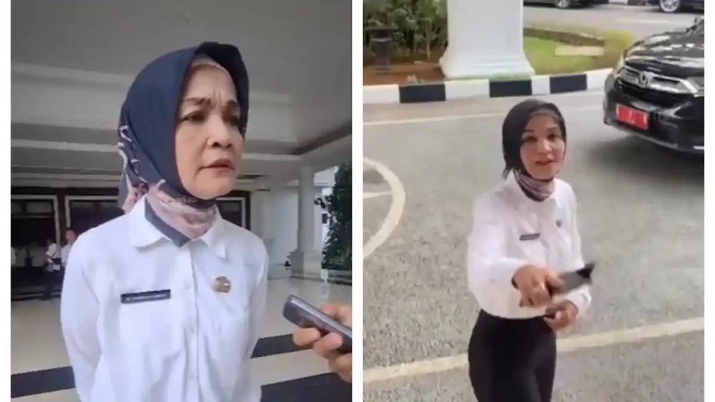 Momen Kadinkes Banten, Ati Pramudji Hastuti, yang terlihat emosi saat dicecar wartawan/Foto : Dok. Tangkapan Layar X
