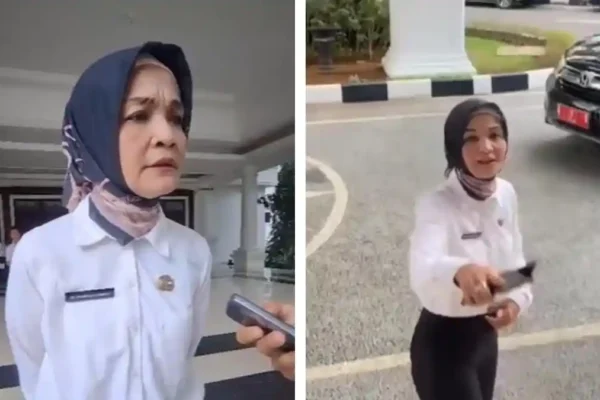 Momen Kadinkes Banten, Ati Pramudji Hastuti, yang terlihat emosi saat dicecar wartawan/Foto : Dok. Tangkapan Layar X