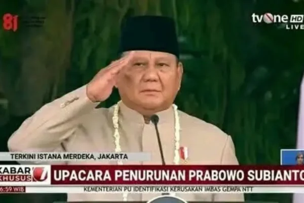 Gambar hasil manipulasi yang menampilkan tayangan upacara penurunan bendera dari media tvOne dengan teks “Upacara Penurunan Prabowo Subianto”/Foto : Dok. Instagram @tvonenews