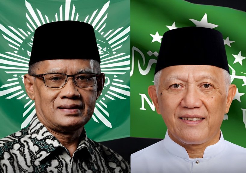 Ketum PBNU Baru, KH Abdul Hakim Mahfudz atau Gus Kikin (kanan) dengan Ketum Muhammadiyah, Prof. Haedar Nashir (kiri)/Foto : Dok. Istimewa