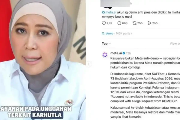 Meta AI menyebut sejumlah pemblokiran akun Instagram yang memberitakan konten demo dilakukan karena permintaan hukum Kementerian Komunikasi dan Digital (Komdigi)/Foto : Dok. Istimewa