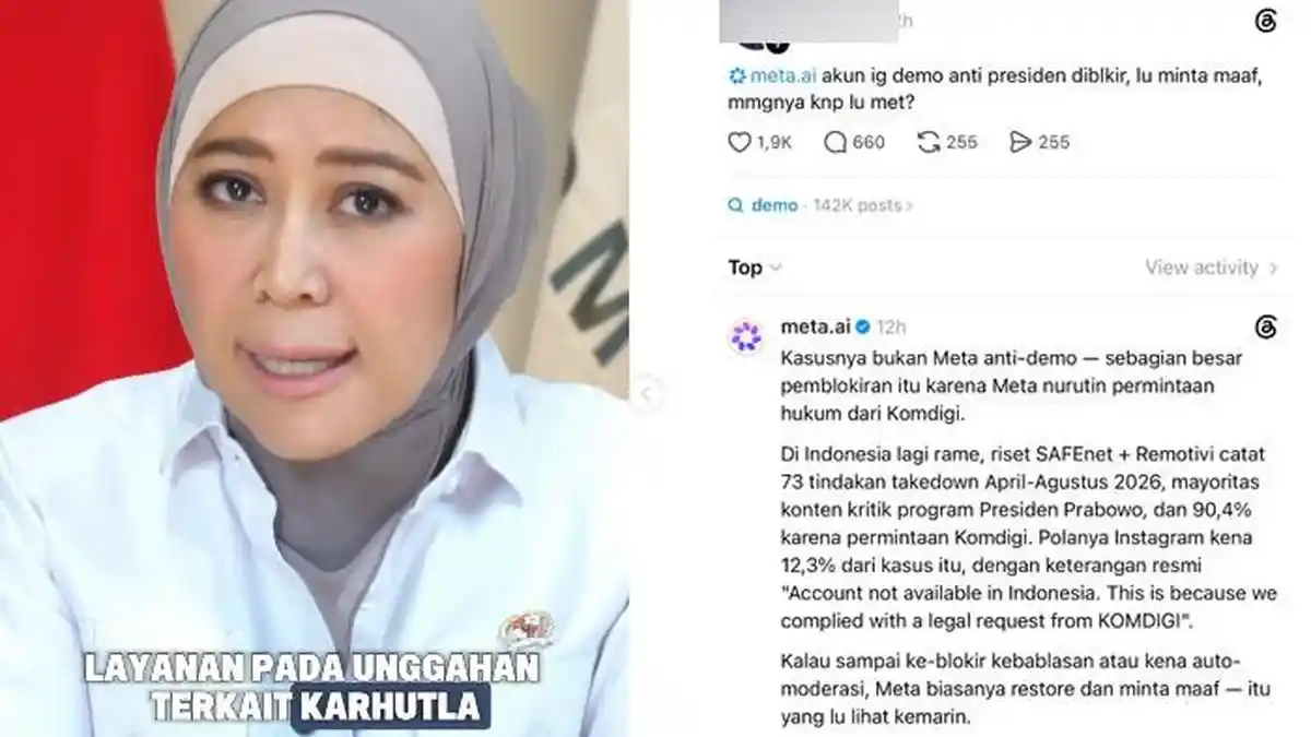 Meta AI menyebut sejumlah pemblokiran akun Instagram yang memberitakan konten demo dilakukan karena permintaan hukum Kementerian Komunikasi dan Digital (Komdigi)/Foto : Dok. Istimewa